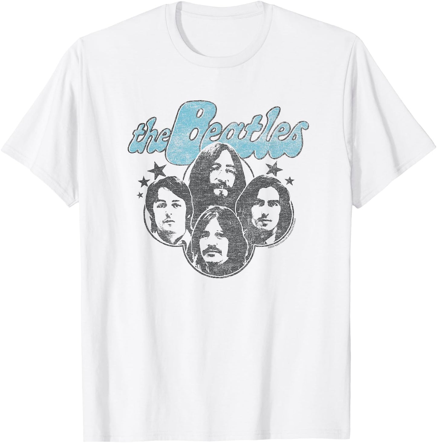 The Beatles - Groovy Blue Logo with Band Member Faces T-Shirt - T-Shirt | White