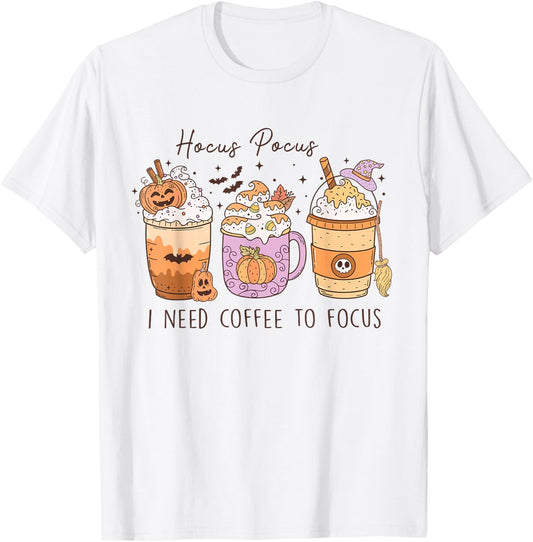 Hocus Pocus I Need Coffee To Focus Vintage Halloween T-Shirt - T-Shirt | White