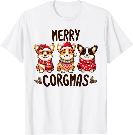 Merry Corgmas Santa Hat Christmas Corgi Dog Mom Dad Owner T-Shirt - T-Shirt | White