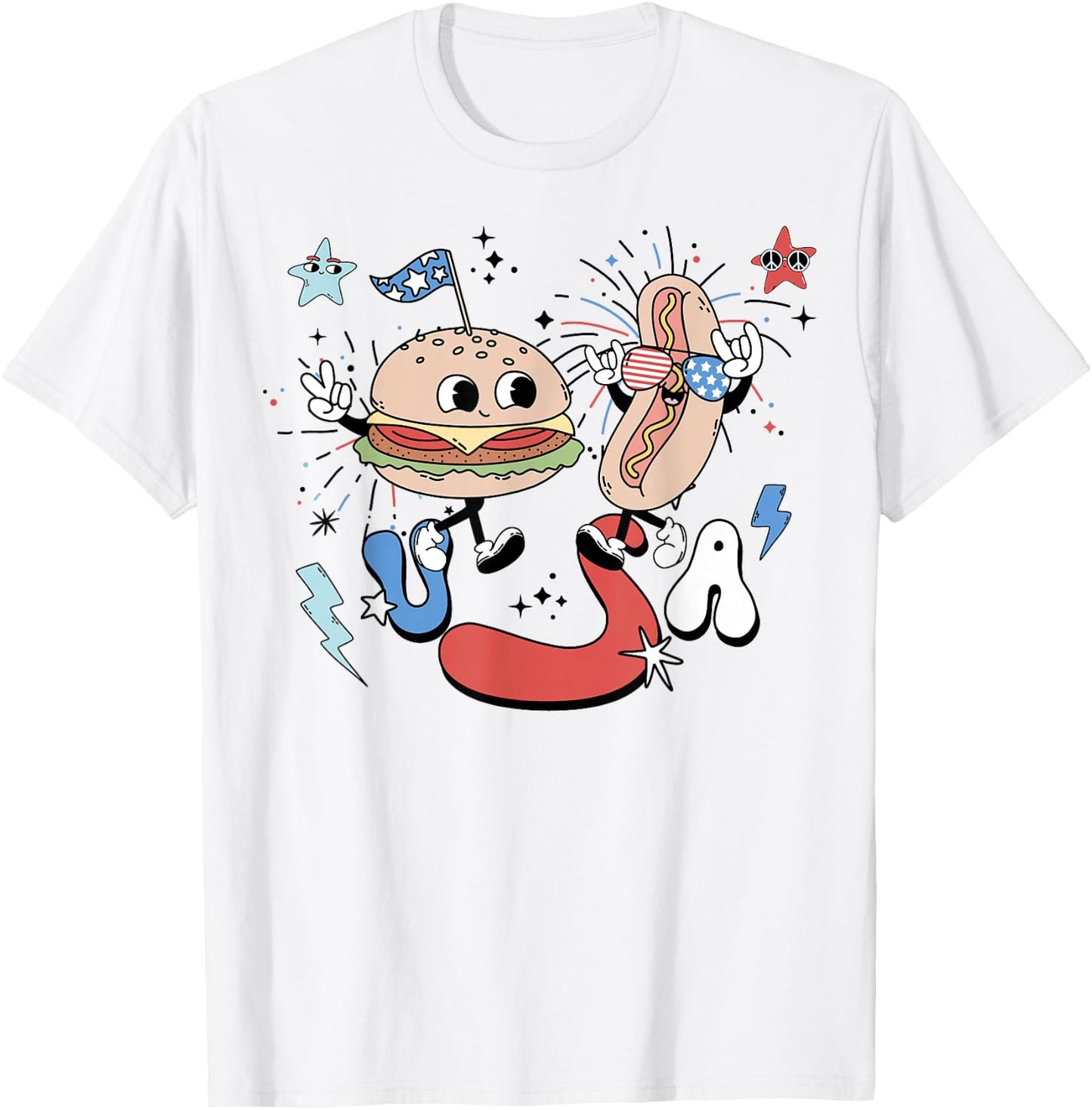 Retro USA Groovy 4th Of July Funny Hot Dog Hamburger US Flag T-Shirt - T-Shirt | White