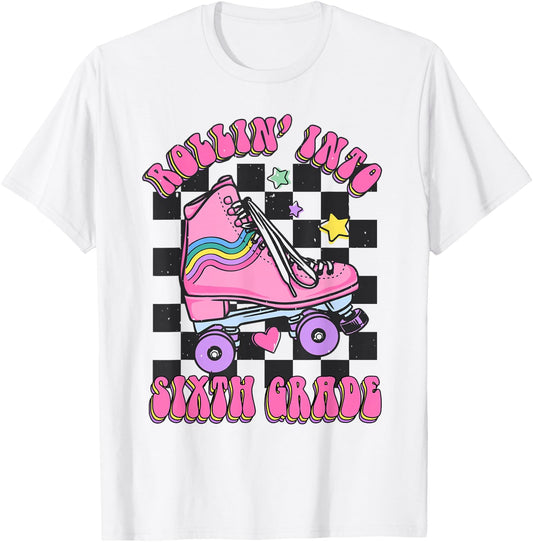 Kids Back To School Skating Rollin Into Sixth 6th Grade T-Shirt - T-Shirt | White