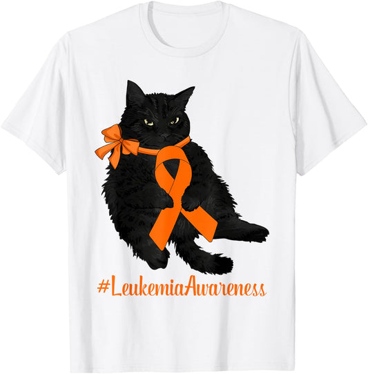 Leukemia Awareness Warrior Fighter Black Cat Orange Ribbon Women Kids T-Shirt - T-Shirt | White