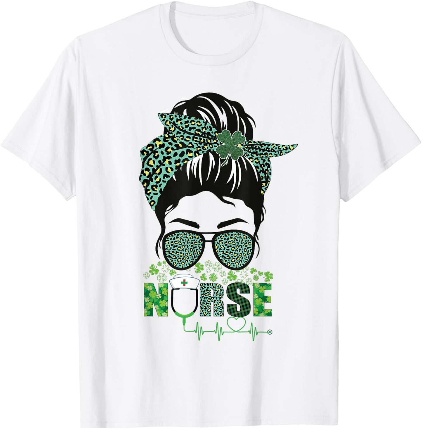 Irish Nurse Shamrock St Patrick's Day Nurse Messy Bun T-Shirt - T-Shirt | White