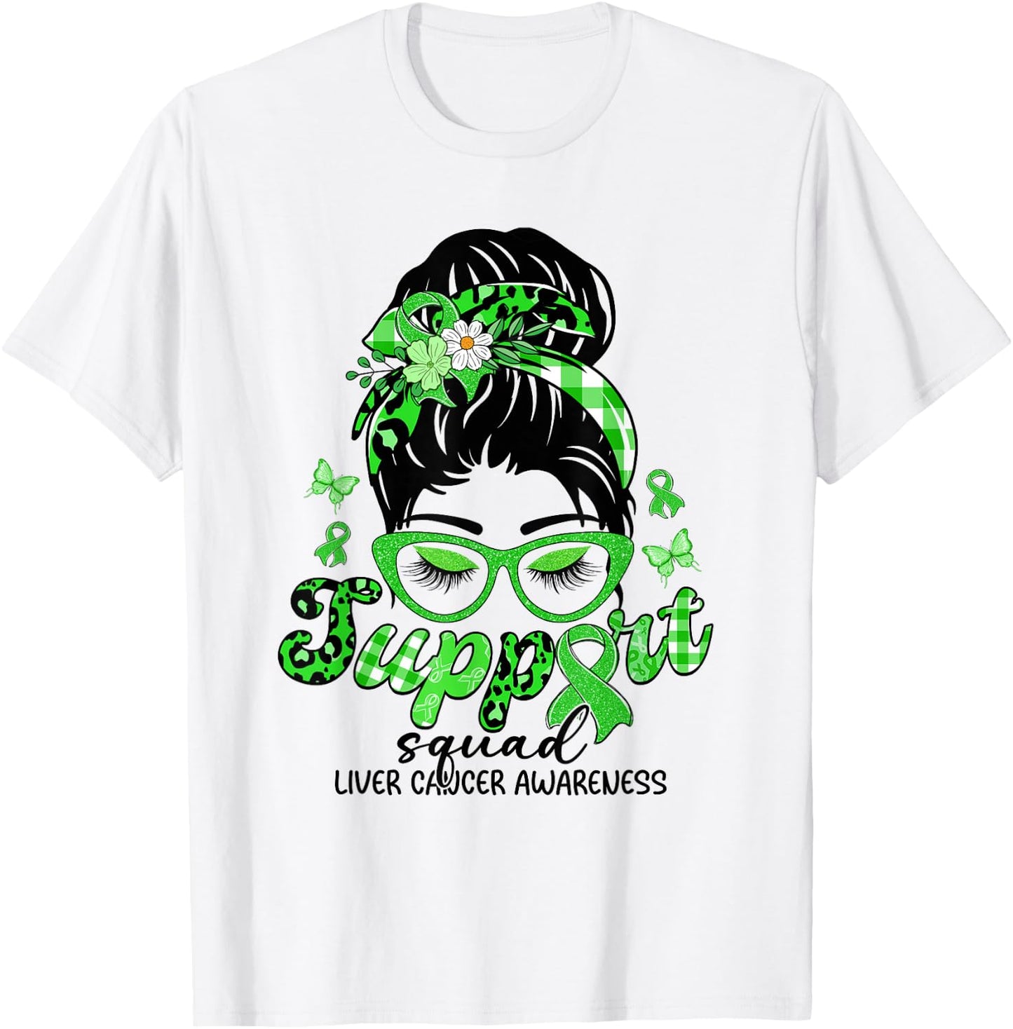 Support Squad Messy Bun Leopard Liver Cancer Awareness T-Shirt - T-Shirt | White