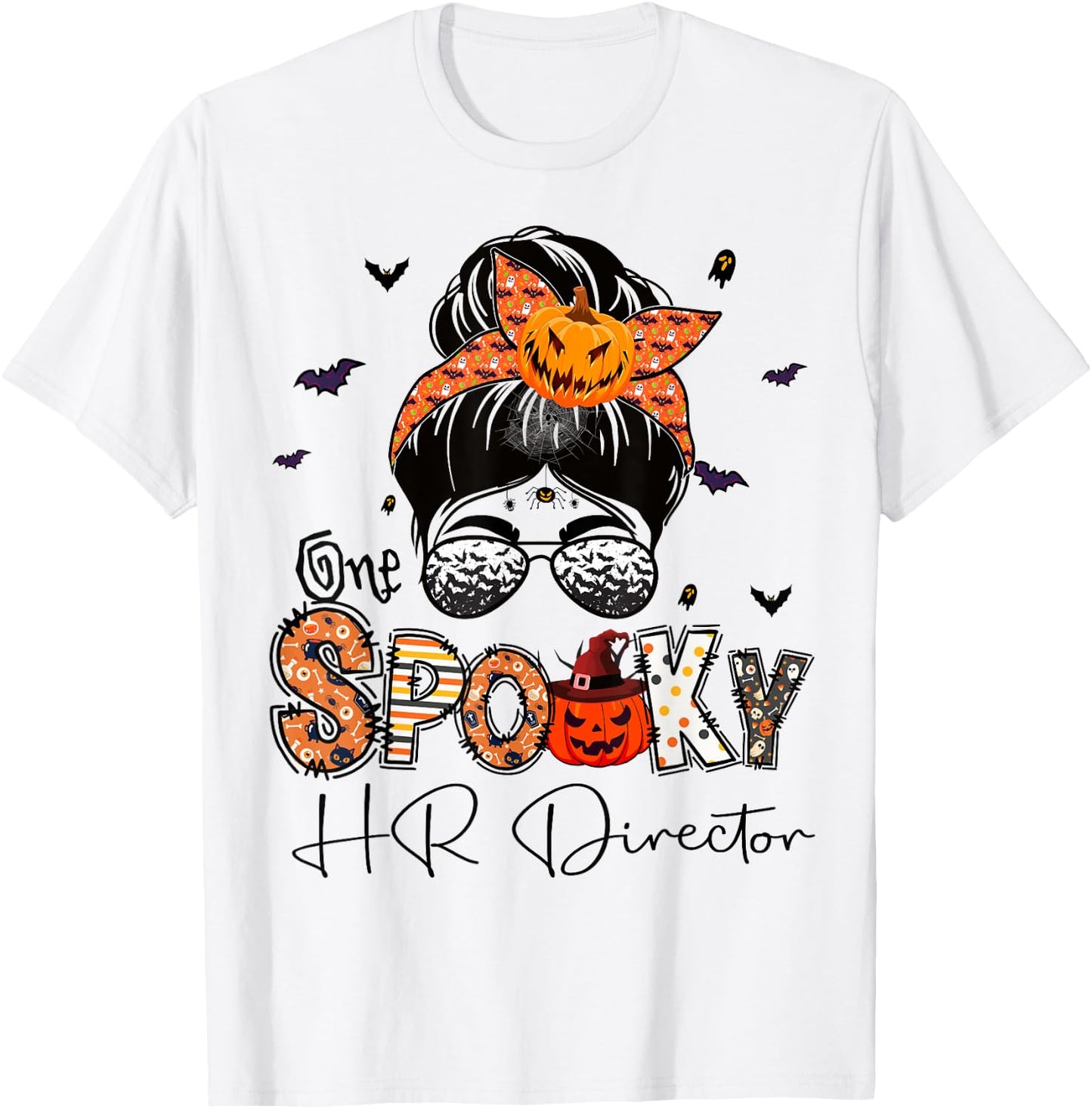 One Spooky HR Director Messy Bun Women Pumpkin Halloween T-Shirt - T-Shirt | White