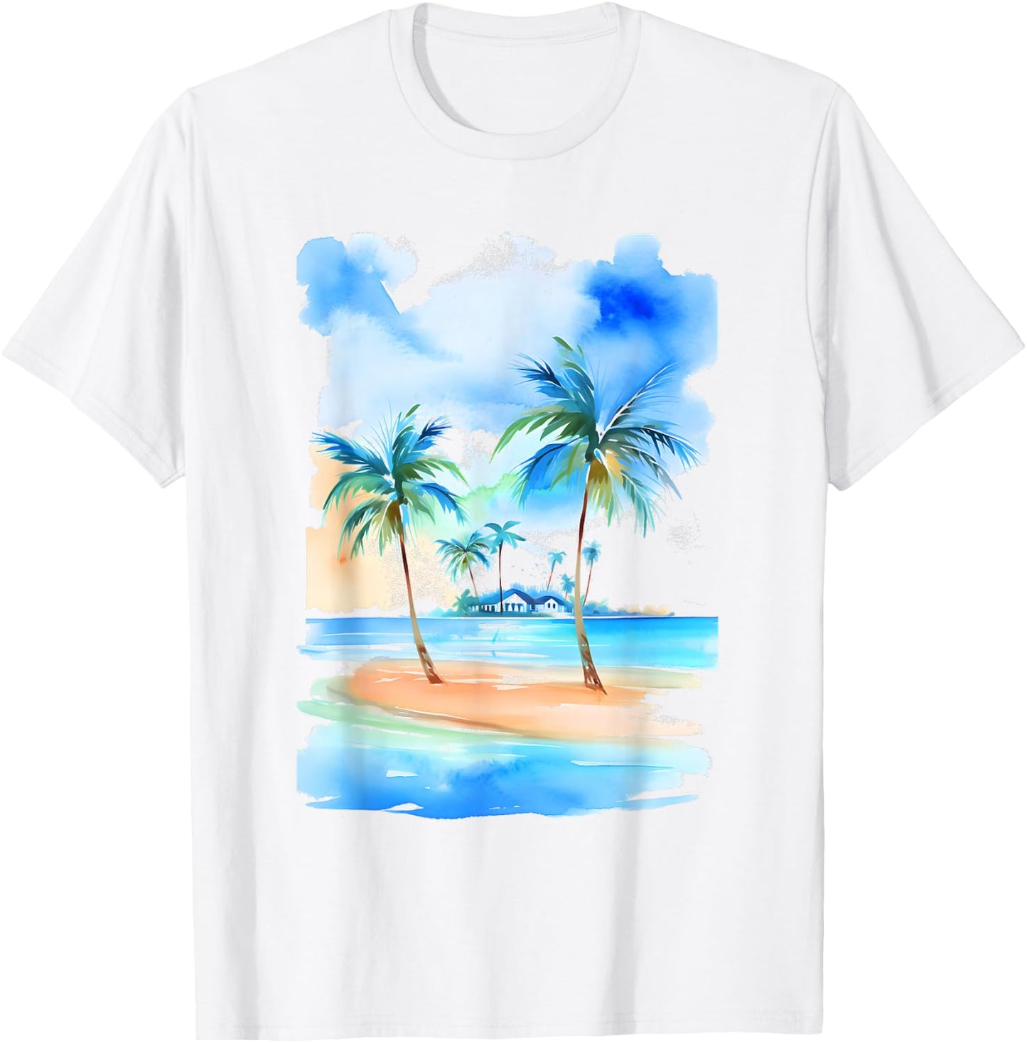 Palm Trees Tropical Beach Watercolor-Style Seascape T-Shirt - T-Shirt | White