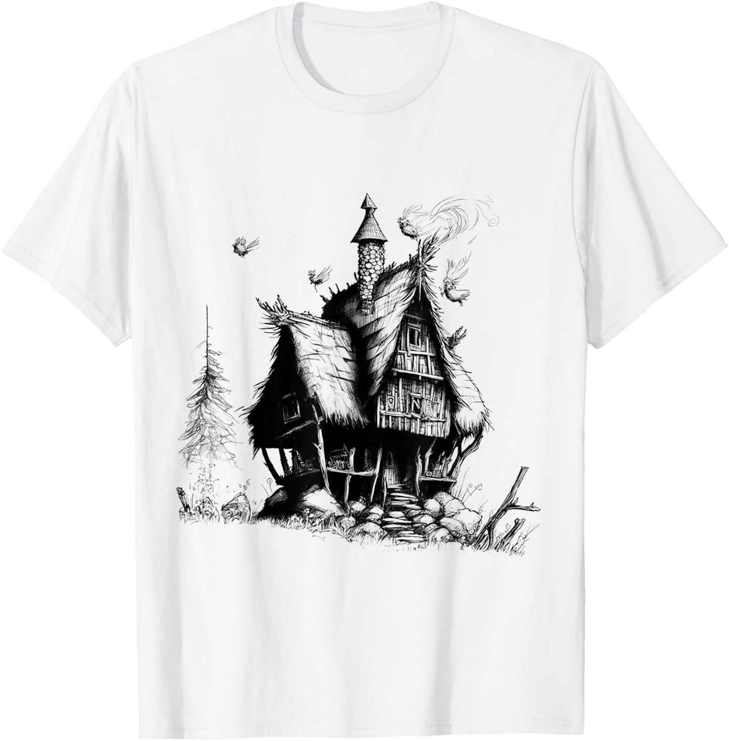 Walking House on Chicken Legs Slavic folklore Baba Yaga Art T-Shirt - T-Shirt | White