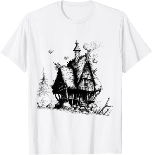 Walking House on Chicken Legs Slavic folklore Baba Yaga Art T-Shirt - T-Shirt | White