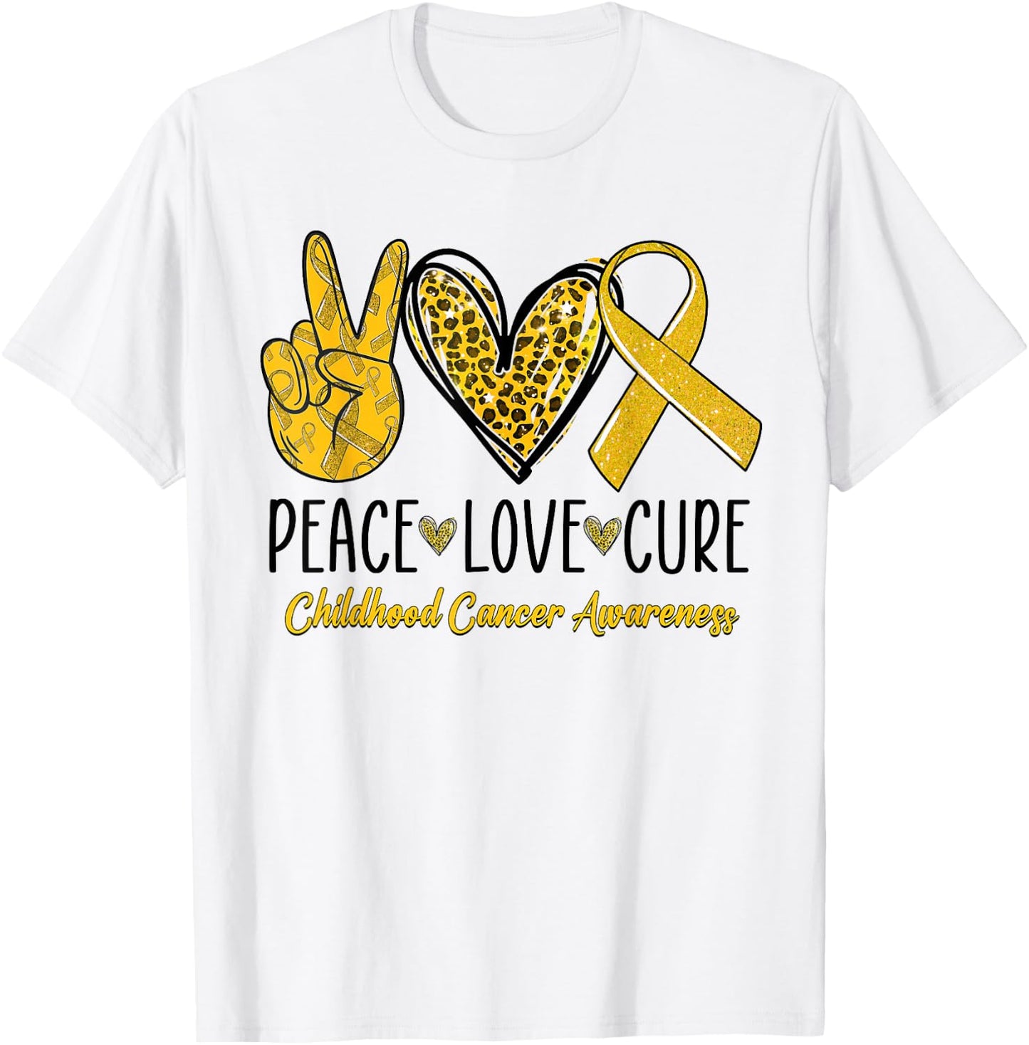 Peace Love Cure Childhood Cancer Awareness Gold Ribbon T-Shirt - T-Shirt | White