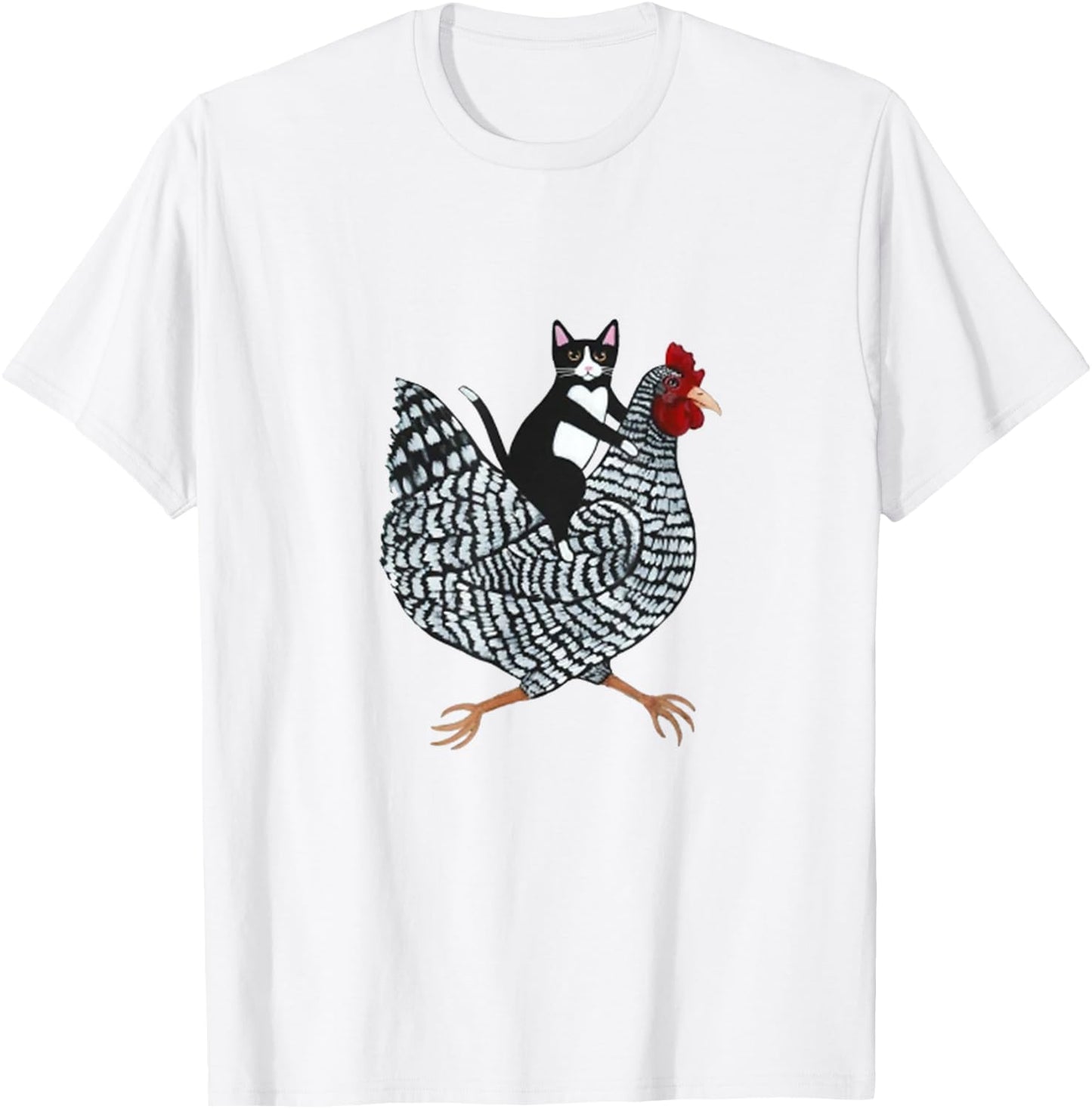 Cat on a Chicken - -Adults, Black, Medium, Short Sleeve, Animal Print, Classic Fit T-Shirt - T-Shirt | White
