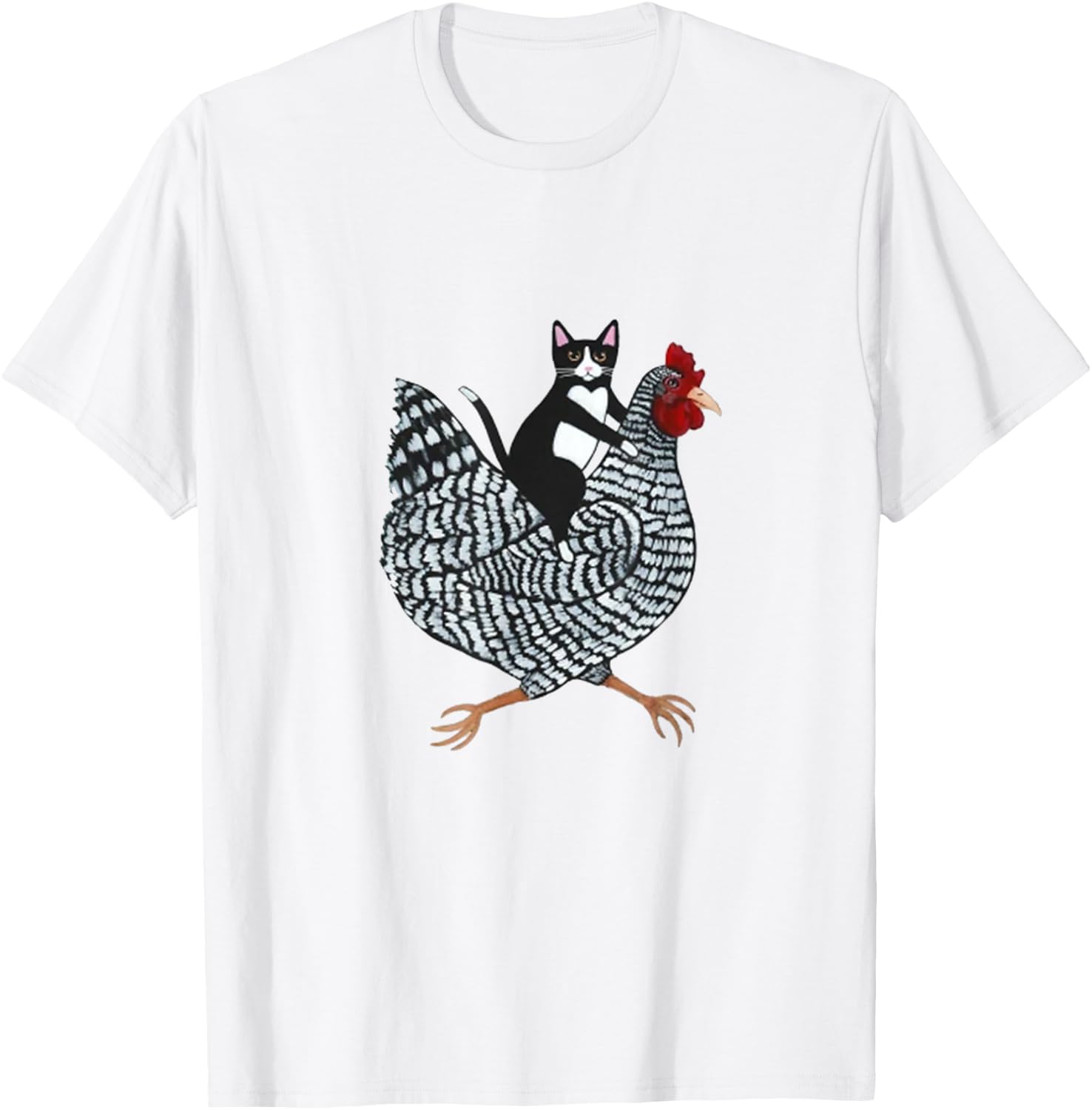 Cat on a Chicken - -Adults, Black, Medium, Short Sleeve, Animal Print, Classic Fit T-Shirt - T-Shirt | White