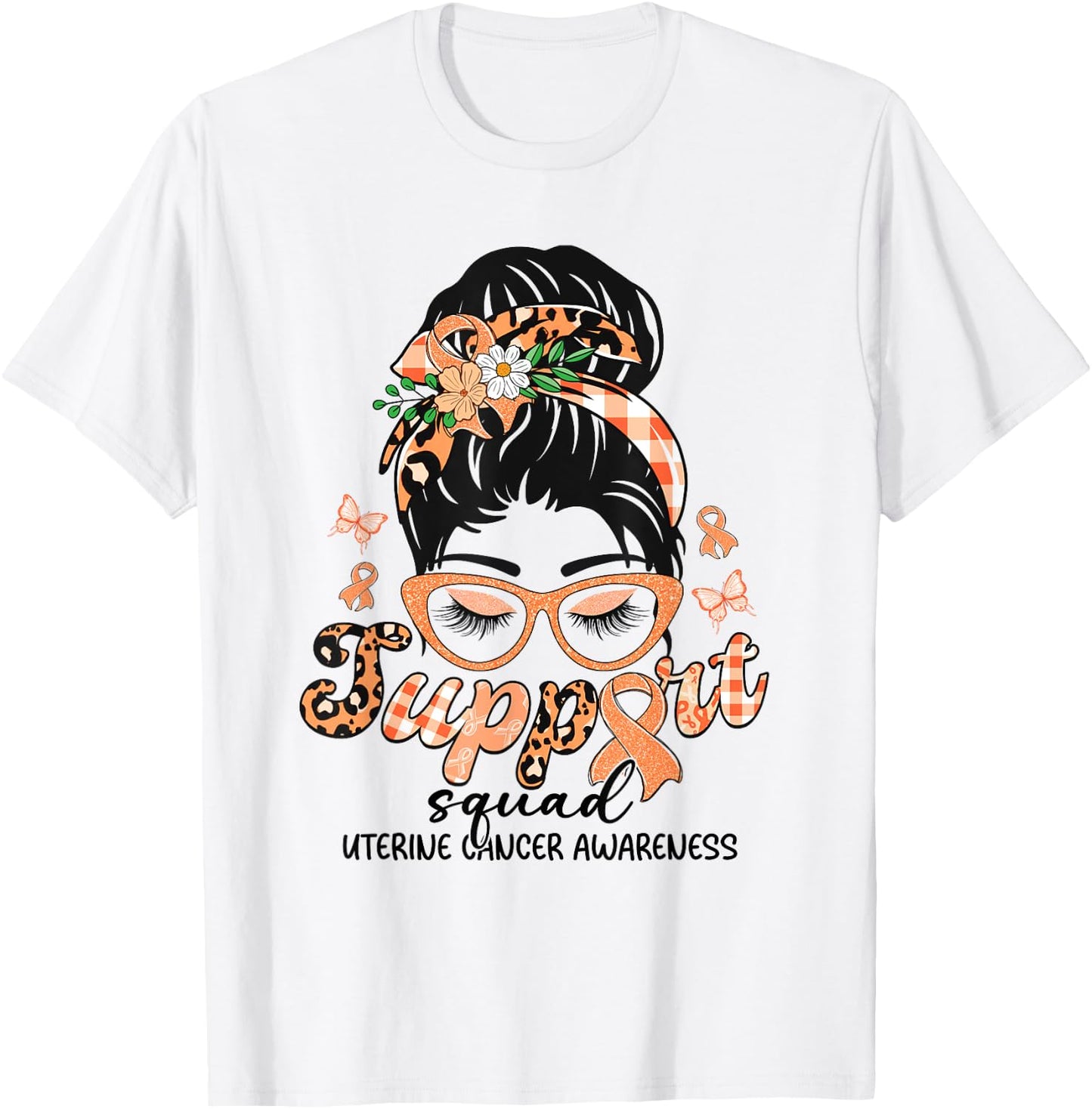 Support Squad Messy Bun Leopard Uterine Cancer Awareness T-Shirt - T-Shirt | White