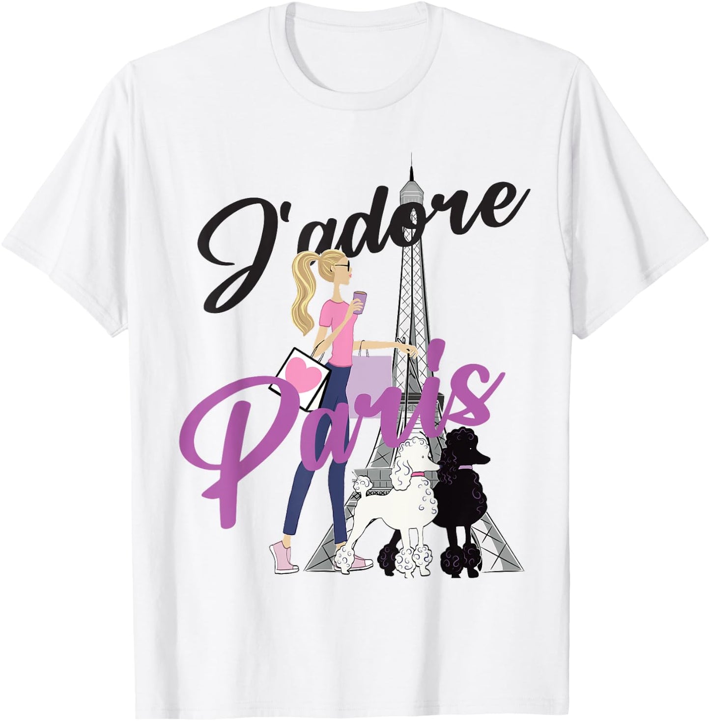 I Love Paris, Woman Walking Poodles By Eiffel Tower T-Shirt - T-Shirt | White