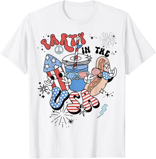 Retro Party in The USA Flag Groovy 4th of July Patriotic T-Shirt - T-Shirt | White