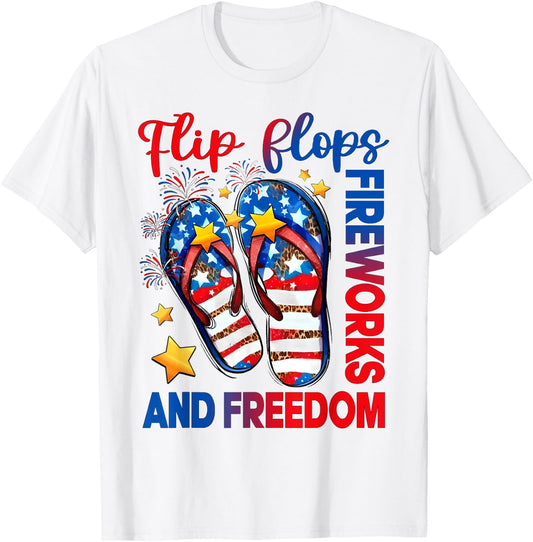 Retro Flip Flops Fireworks & Freedom American Flag Summer Women Kids Men T-Shirt - T-Shirt | White