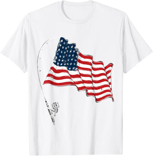 Fishing Rod American Flag Fisherman Patriotic 4th Of July T-Shirt - T-Shirt | White