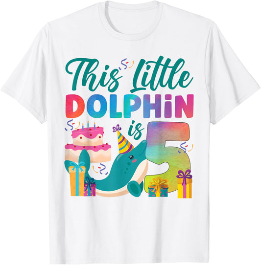 Dolphin 5th Birthday Watercolor This Little Dolphin Is 5 T-Shirt - T-Shirt | White