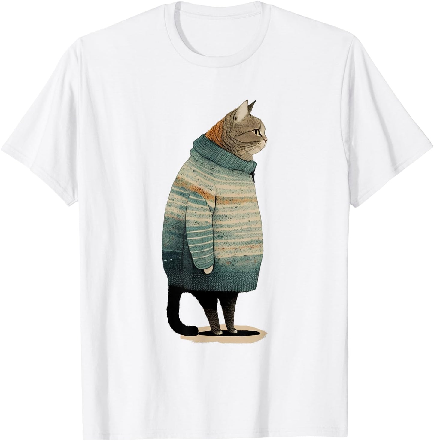 Cat Wearing a Sweater Funny Pet Fat Gray Cat Winter T-Shirt - T-Shirt | White
