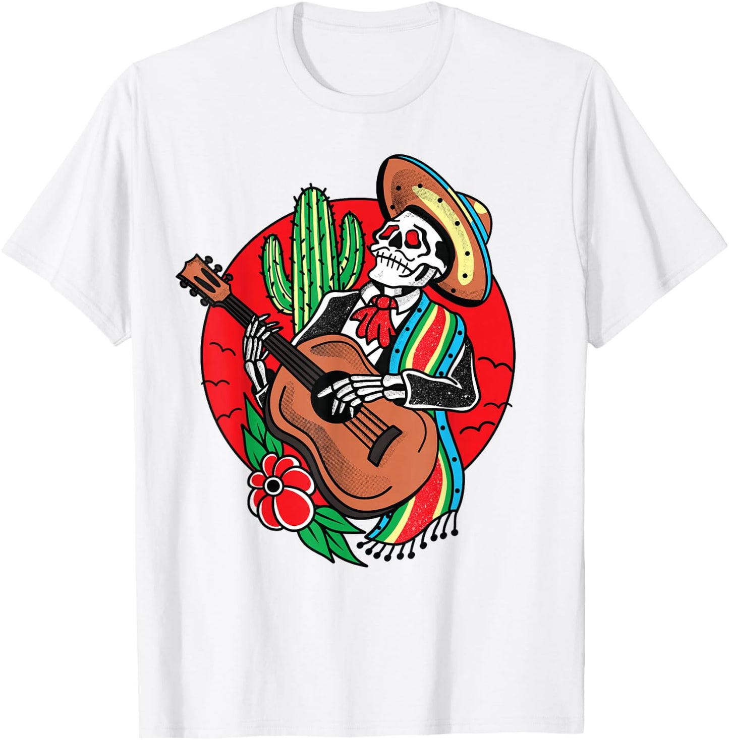 Mexican Skeleton Mariachi American Traditional Tattoo Flash T-Shirt - T-Shirt | White