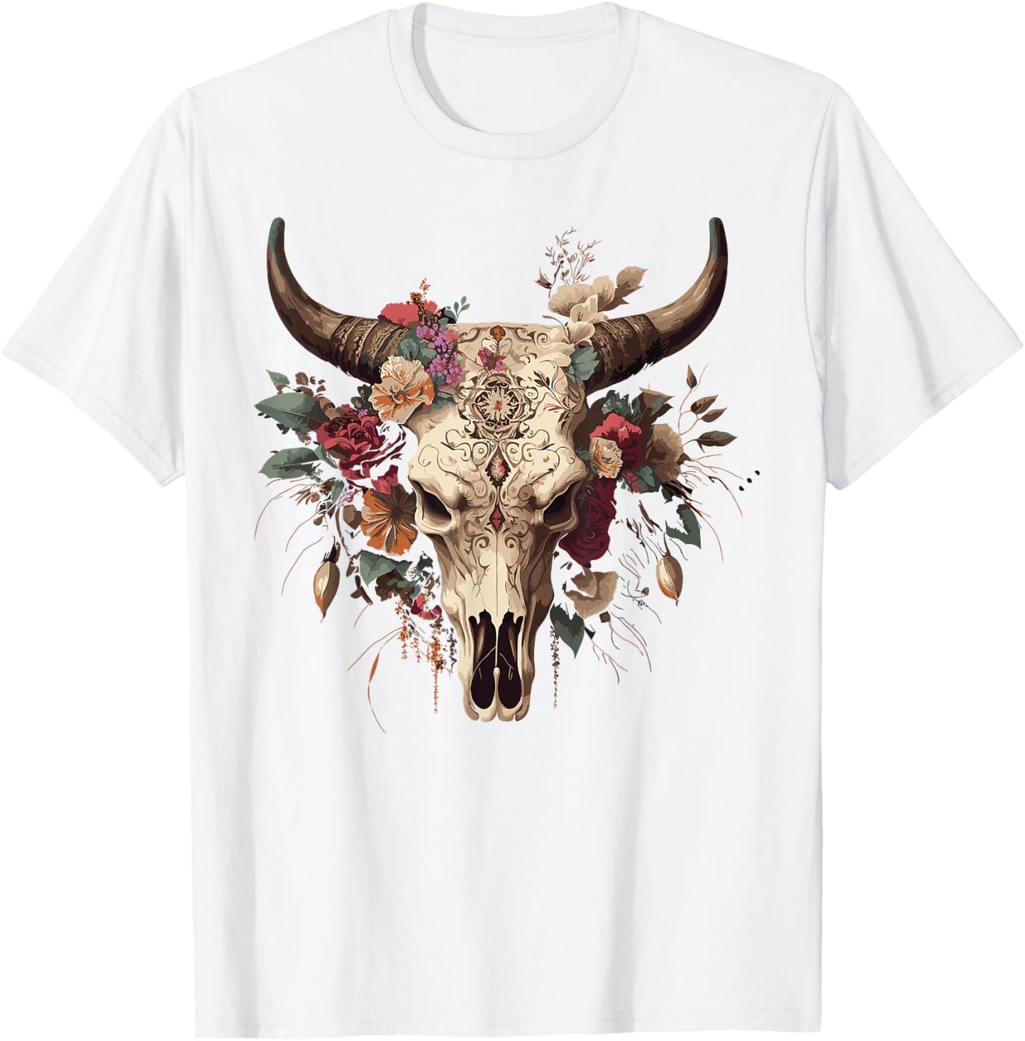 Highland Western Boho Cow Bull Skull Sunflower Cattle Animal T-Shirt - T-Shirt | White