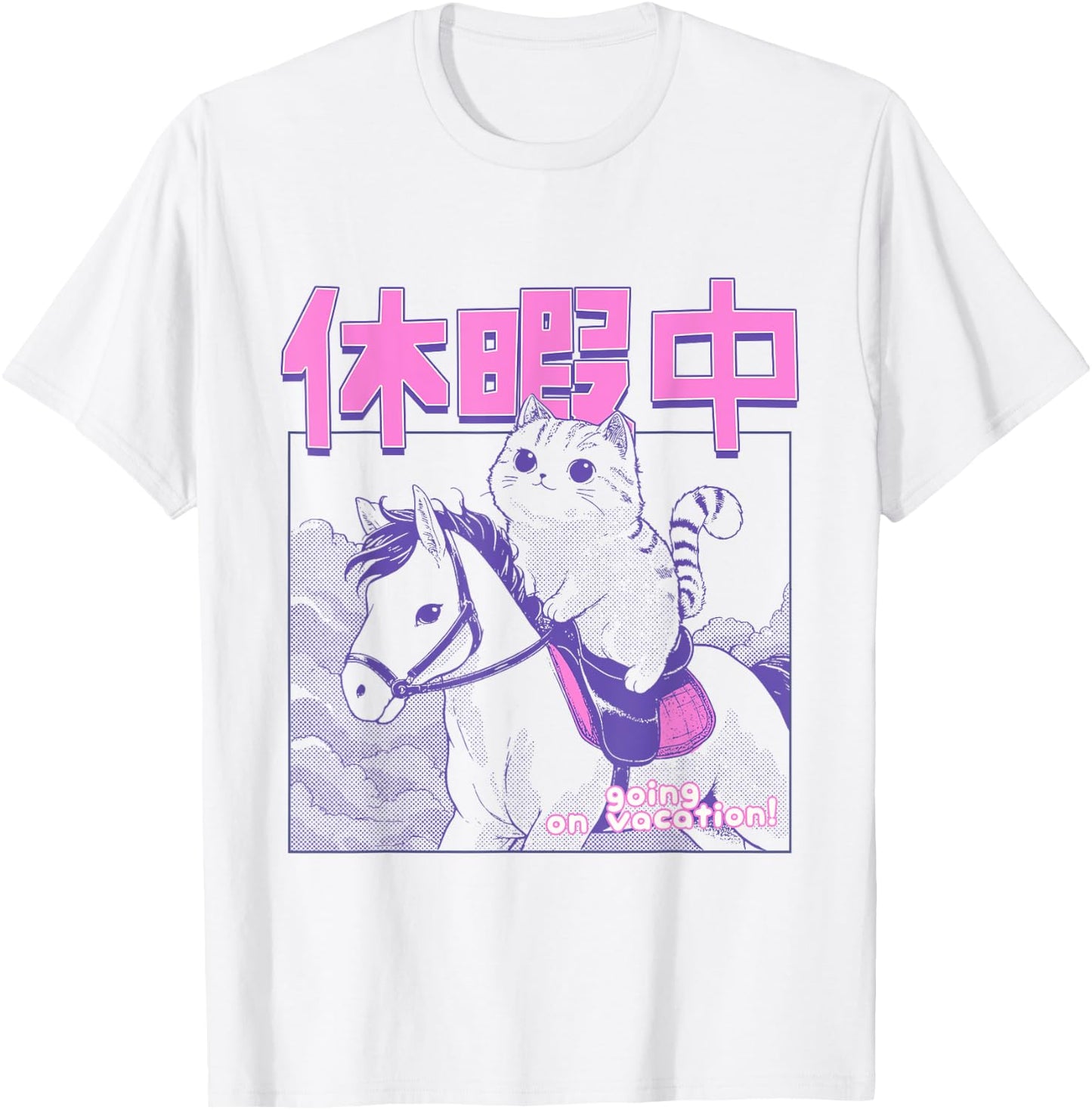 Kawaii Japanese Cat Riding Horse Vacation Anime Cat Lover Men Women Girls Kids T-Shirt - T-Shirt | White