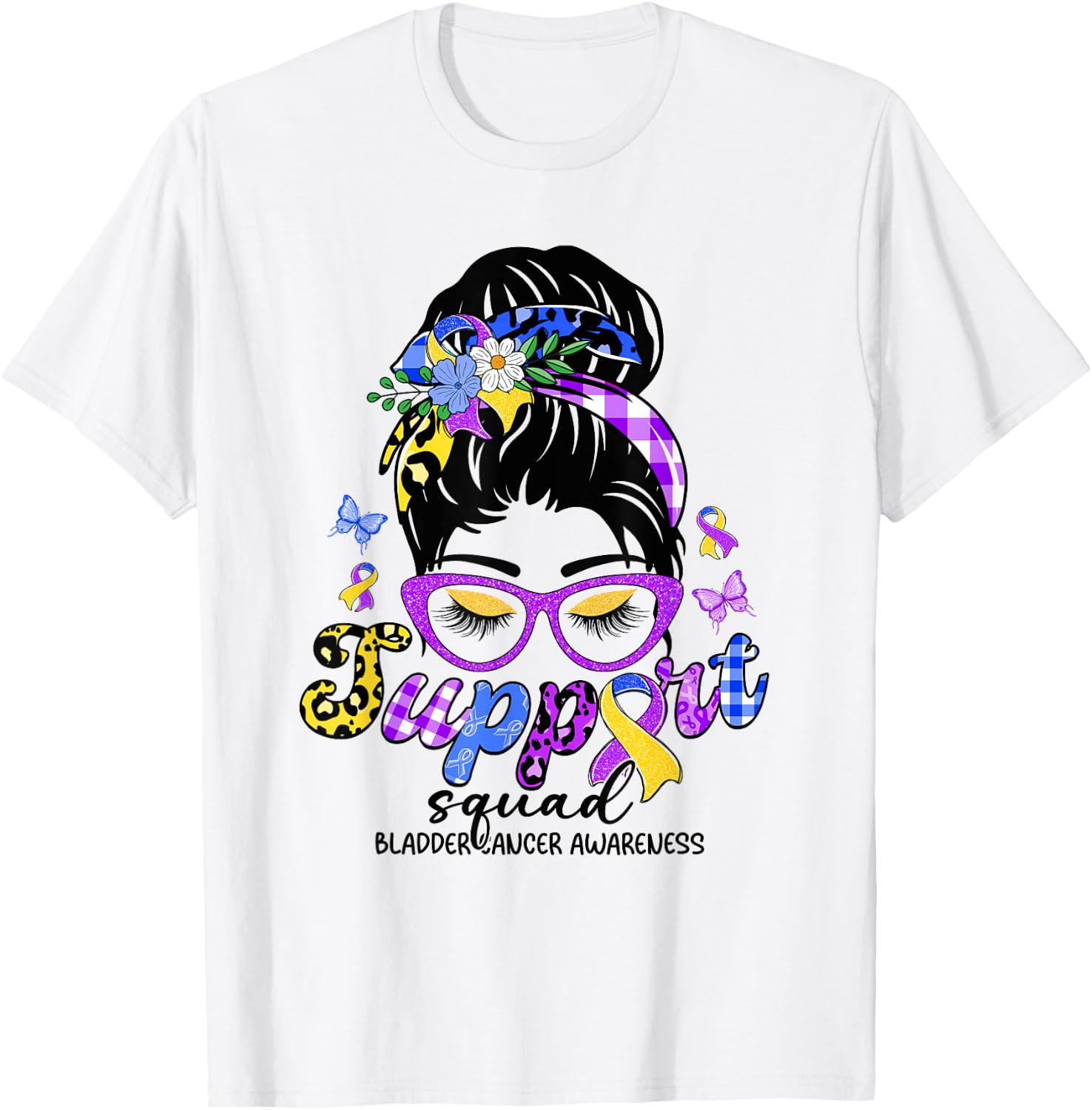 Support Squad Messy Bun Leopard Bladder Cancer Awareness T-Shirt - T-Shirt | White