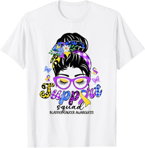 Support Squad Messy Bun Leopard Bladder Cancer Awareness T-Shirt - T-Shirt | White
