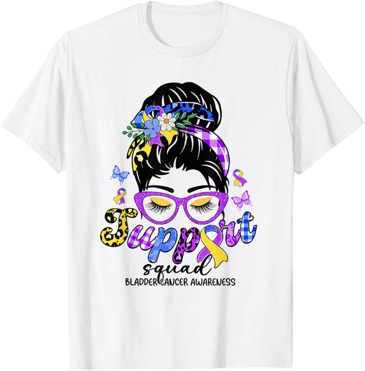 Support Squad Messy Bun Leopard Bladder Cancer Awareness T-Shirt - T-Shirt | White