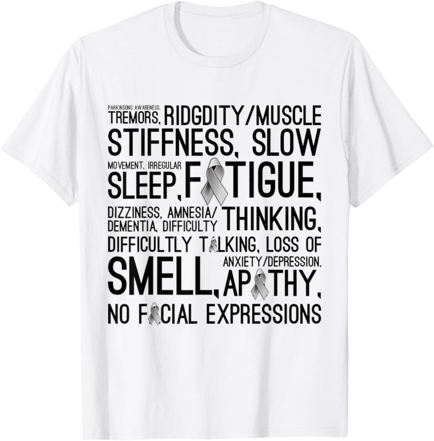 Parkinson Disease Awareness Month - Symptoms Grey Ribbon T-Shirt - T-Shirt | White