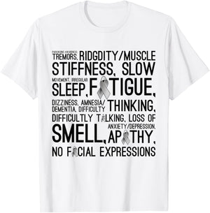 Parkinson Disease Awareness Month - Symptoms Grey Ribbon T-Shirt - T-Shirt | White