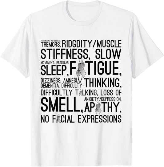 Parkinson Disease Awareness Month - Symptoms Grey Ribbon T-Shirt - T-Shirt | White