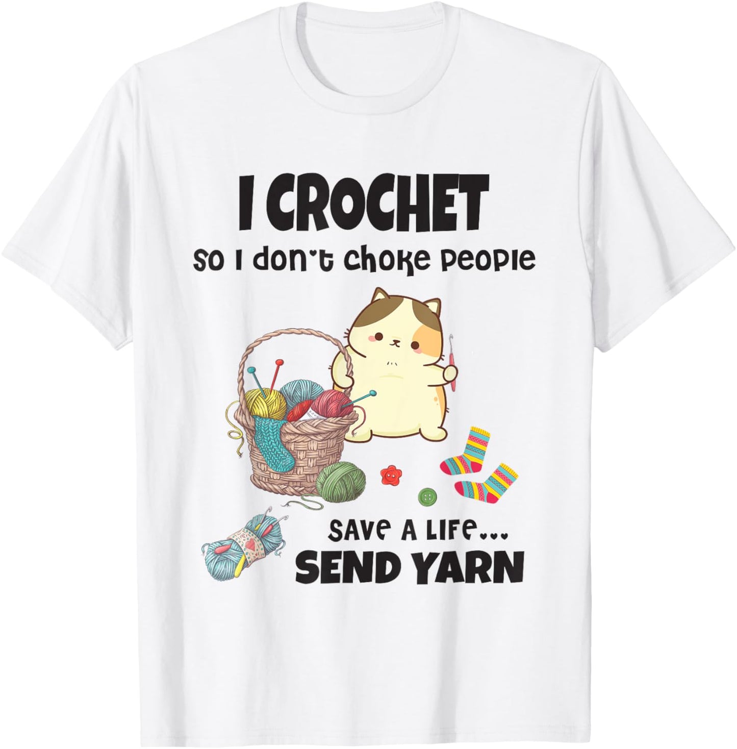 Funny Cute Cat with Crochet And Knitting Yarn Mess for Girls T-Shirt - T-Shirt | White
