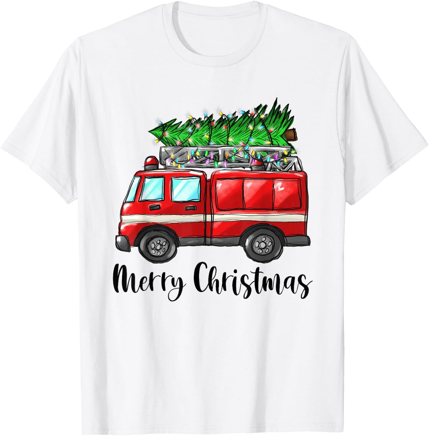 Fire Truck Christmas Tree Light Firefighter Pajama Xmas T-Shirt - T-Shirt | White