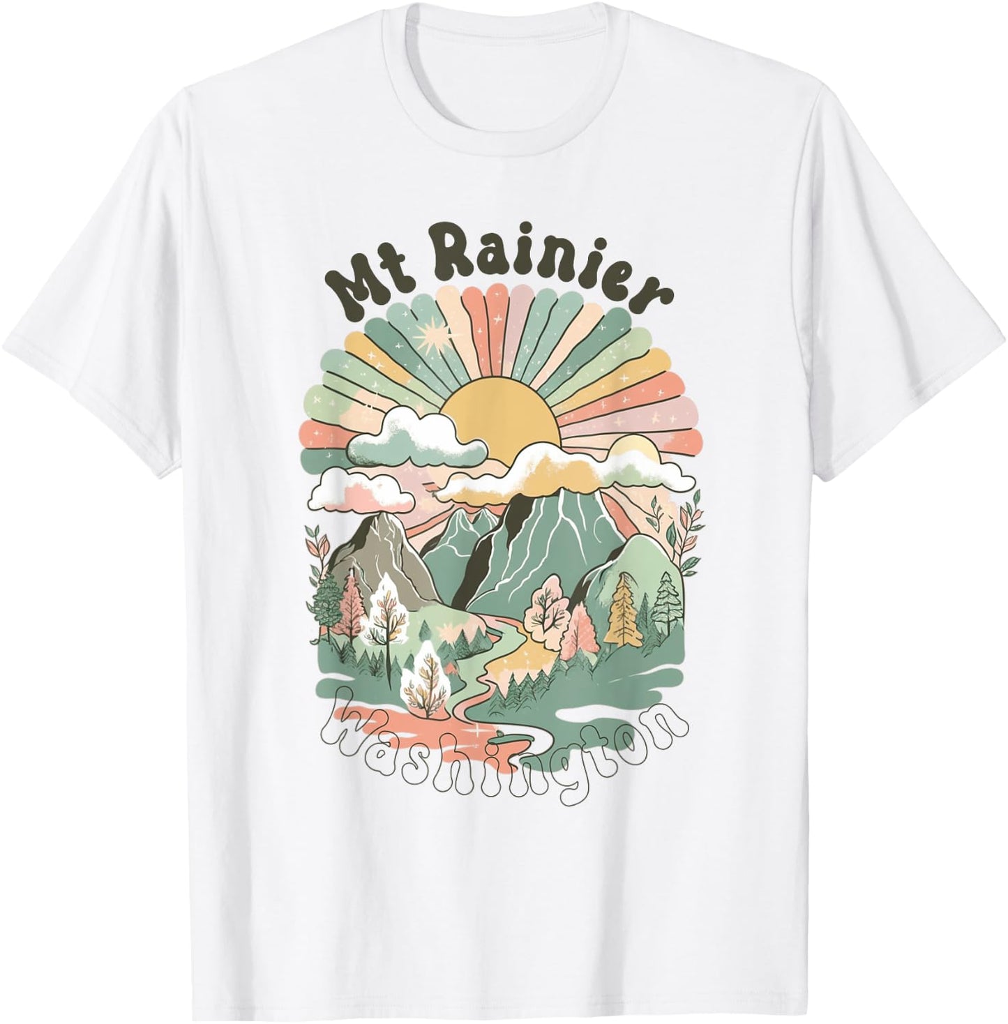 Vintage Mt Rainier Washington Mountains Hiking Sunset Groovy T-Shirt - T-Shirt | White