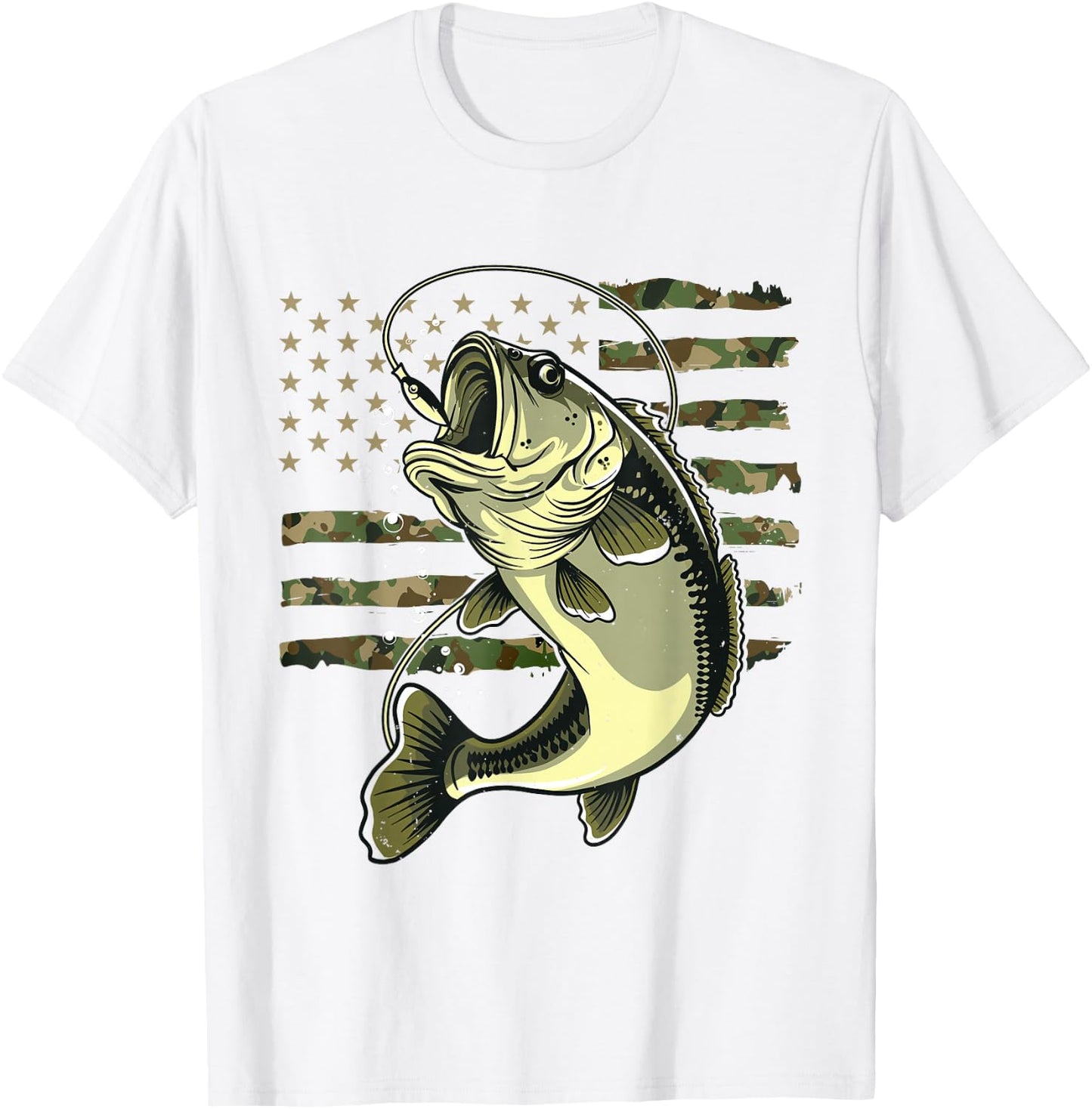 Bass Fish Fishing USA American Flag Camouflage Fisherman T-Shirt - T-Shirt | White