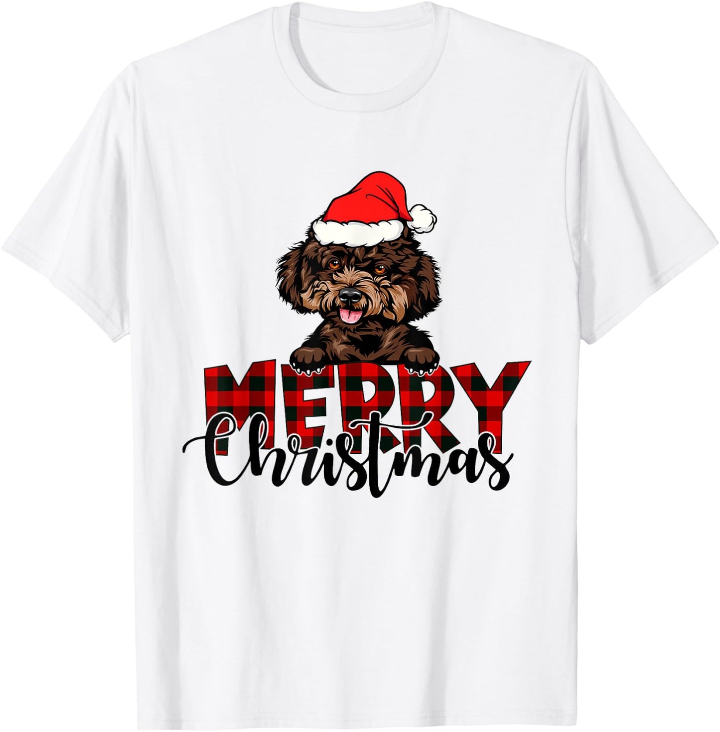Merry Christmas Poodle Dog Christmas Red Plaid Santa Hat T-Shirt - T-Shirt | White
