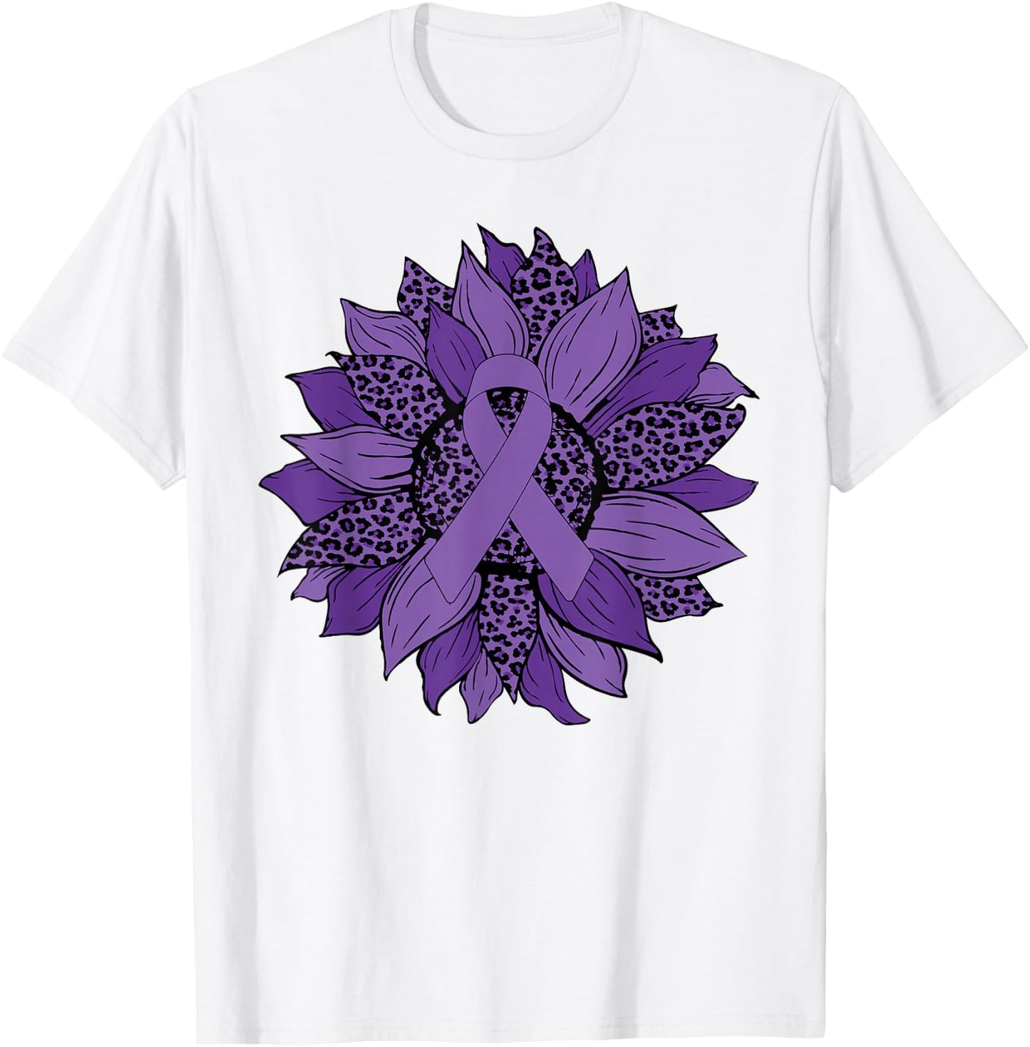 Leopard Sunflower Purple Ribbon Fibromyalgia Awareness Month T-Shirt - T-Shirt | White