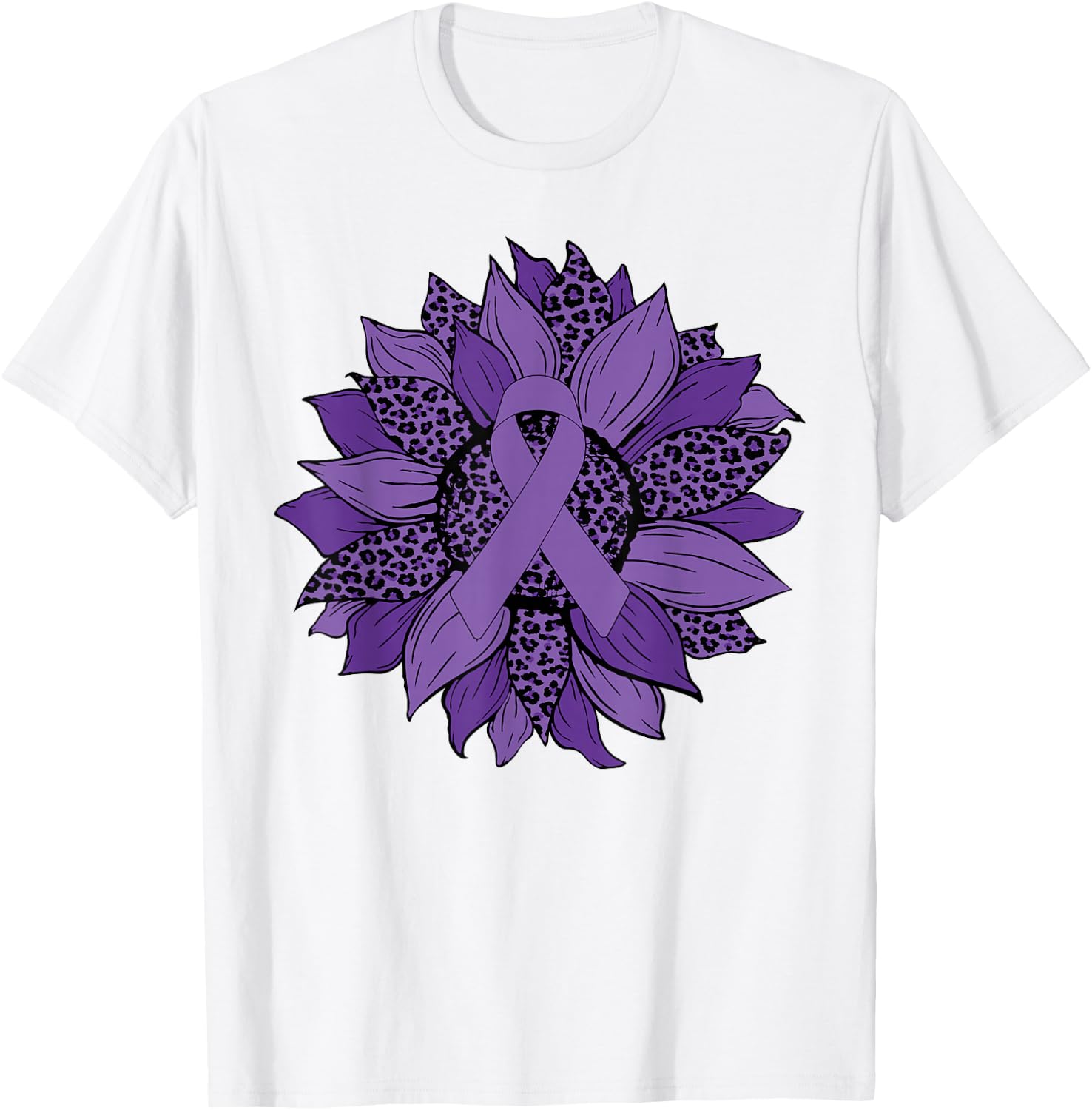 Leopard Sunflower Purple Ribbon Fibromyalgia Awareness Month T-Shirt - T-Shirt | White