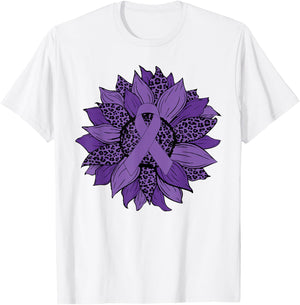 Leopard Sunflower Purple Ribbon Fibromyalgia Awareness Month T-Shirt - T-Shirt | White