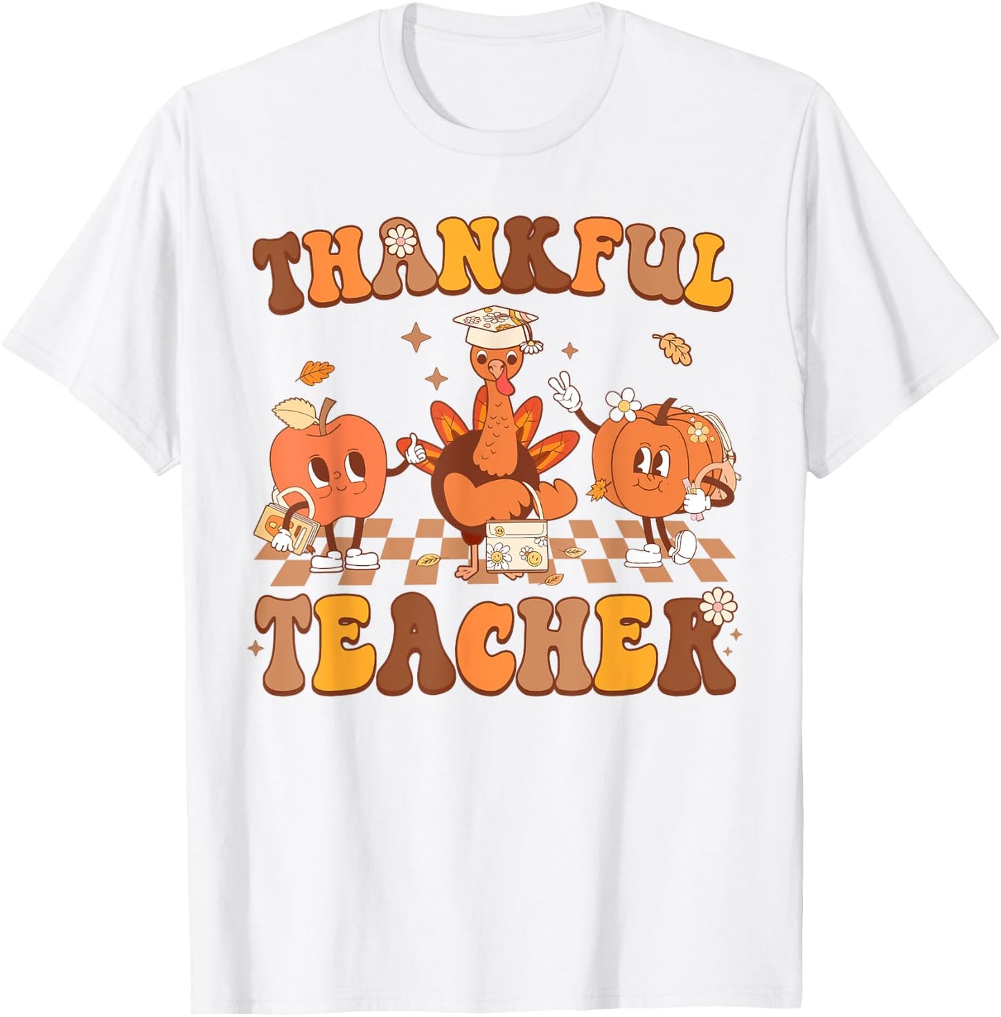 Thankful Teacher Retro Groovy Thanksgiving Fall Women Men T-Shirt - T-Shirt | White