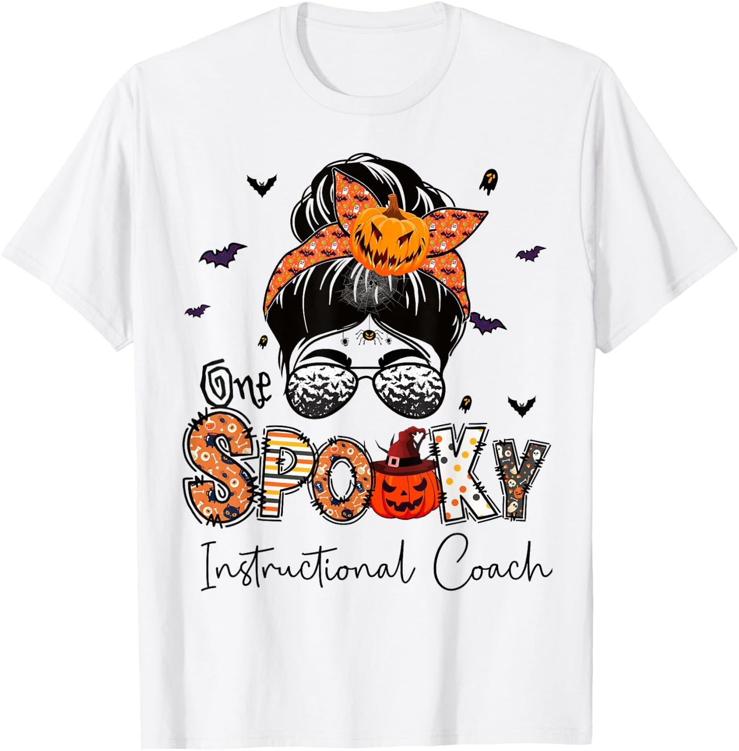 One Spooky Instructional Coach Messy Bun Women Halloween T-Shirt - T-Shirt | White