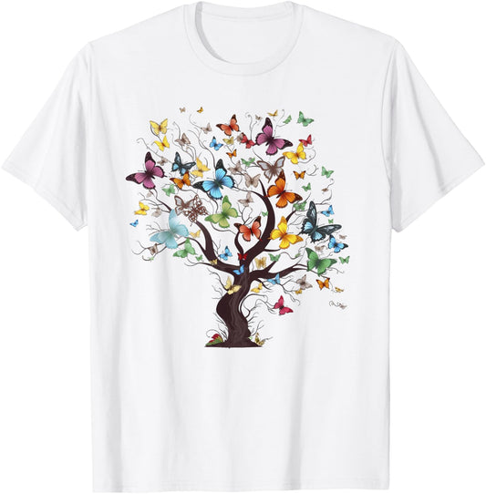 Beautiful Colorful Butterfly Tree T-Shirt - T-Shirt | White