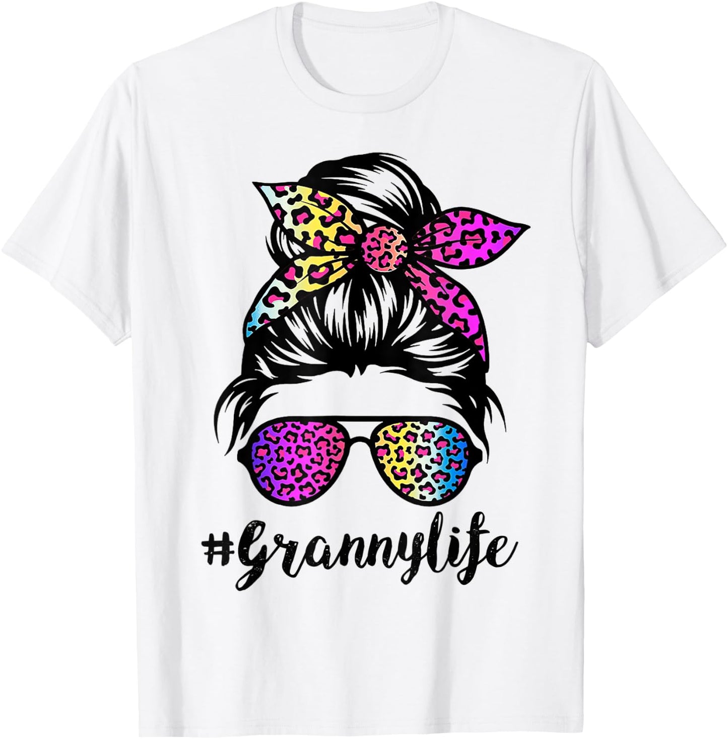 Granny life with Rainbow Leopard Messy Bun Mother's Day T-Shirt - T-Shirt | White
