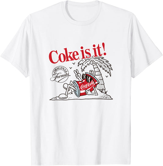 Coca-Cola Original Formula Coke Is It! Beach Retro Cartoon T-Shirt - T-Shirt | White