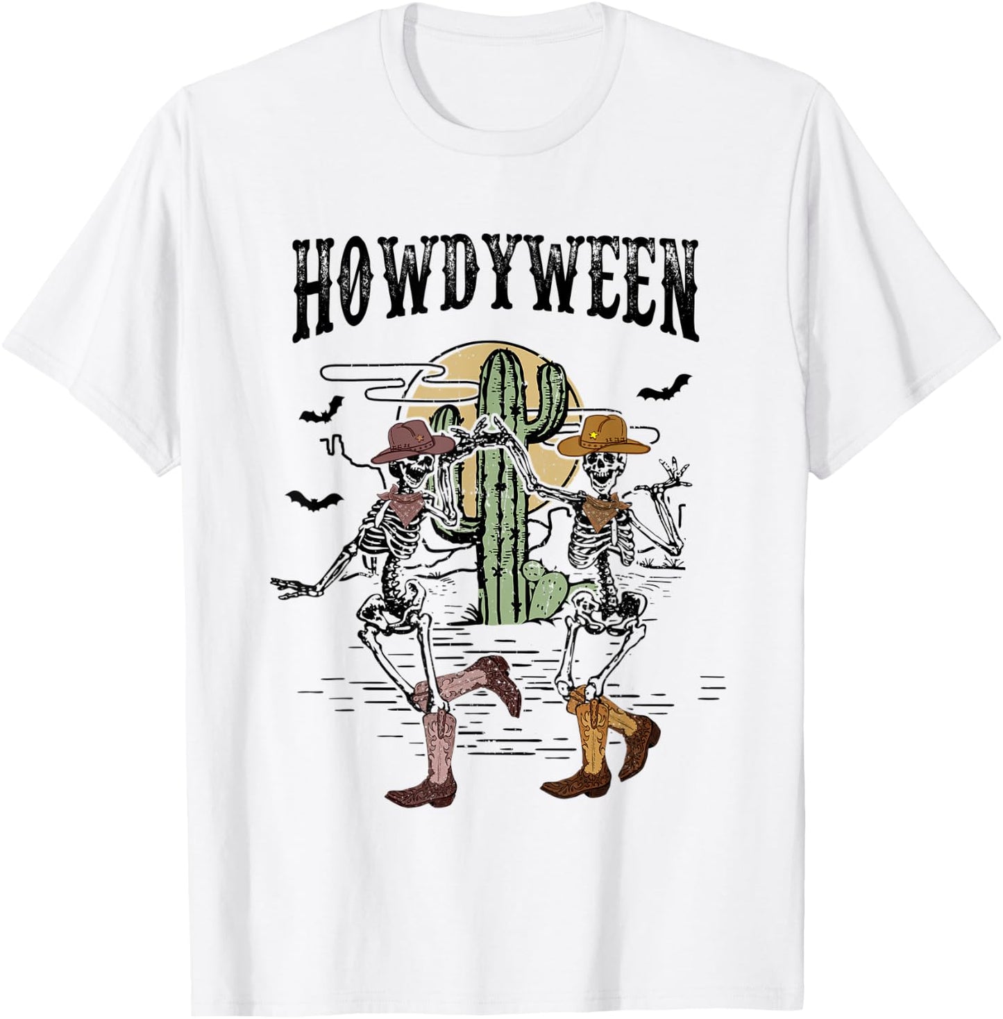Howdy Retro Desert Dancing Skeleton Cowboy Boots Hat Western T-Shirt - T-Shirt | White