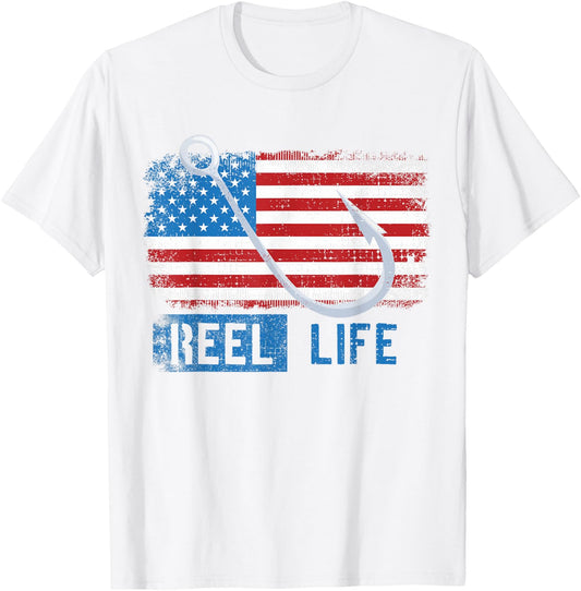 Grunge American Flag Fisherman Graphic, Fishing Reel Life T-Shirt - T-Shirt | White