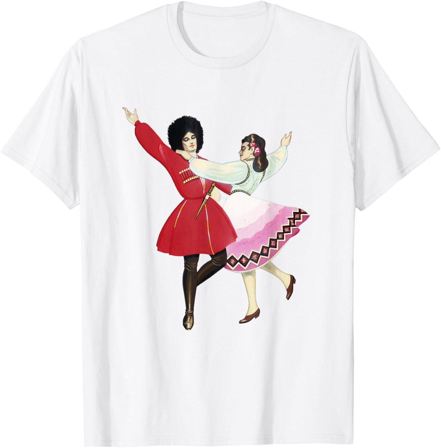 Antique Watercolor Drawing Folk Dancing Russian Cossacks T-Shirt - T-Shirt | White