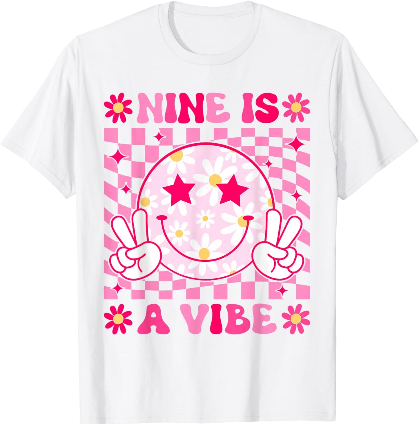 Nine is A Vibe Birthday Groovy 9 Year Old Girls 9th Birthday T-Shirt - T-Shirt | White