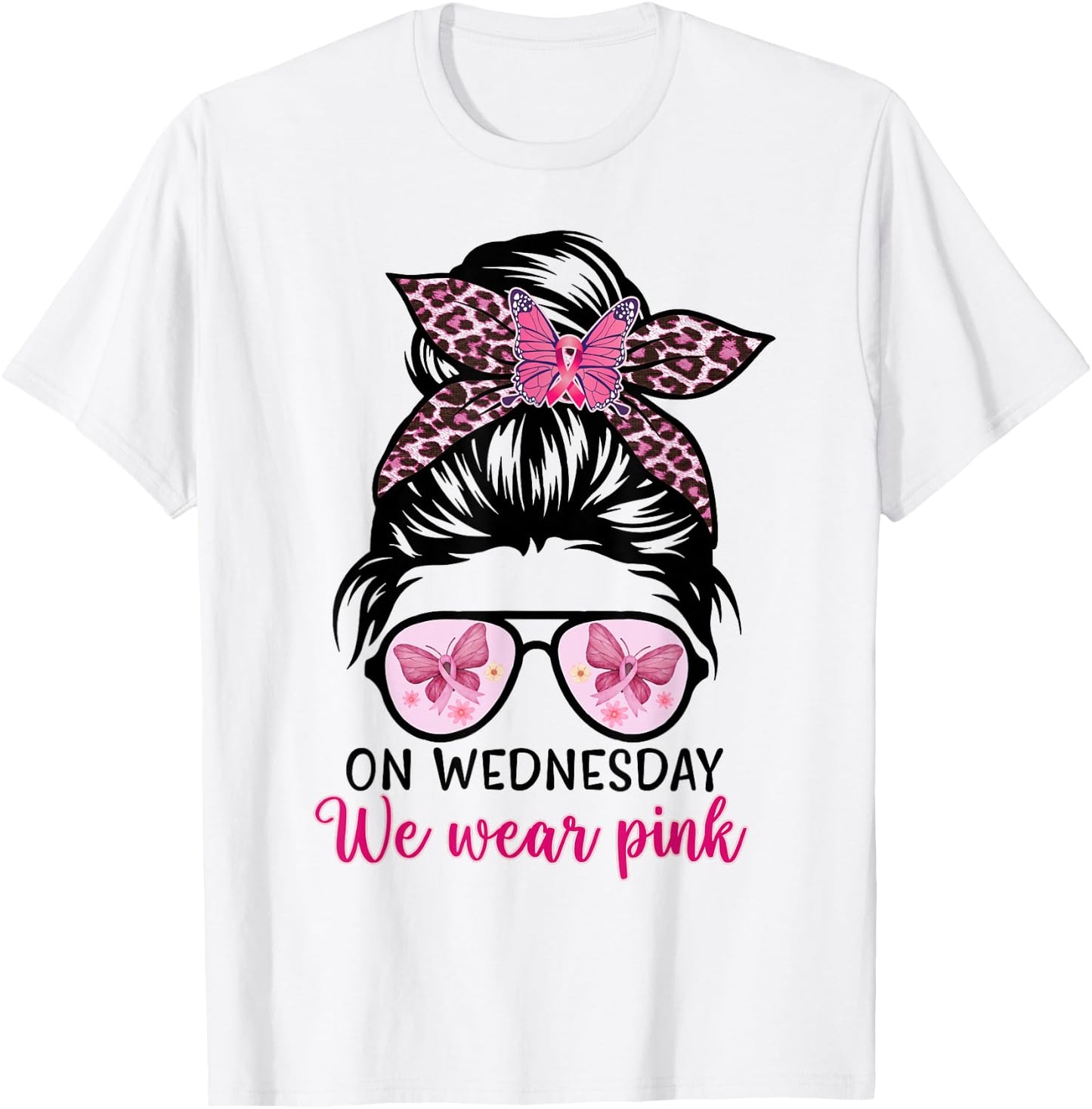 On Wednesday We Wear Pink Messy Bun, Leopard Breast Cancer T-Shirt - T-Shirt | White
