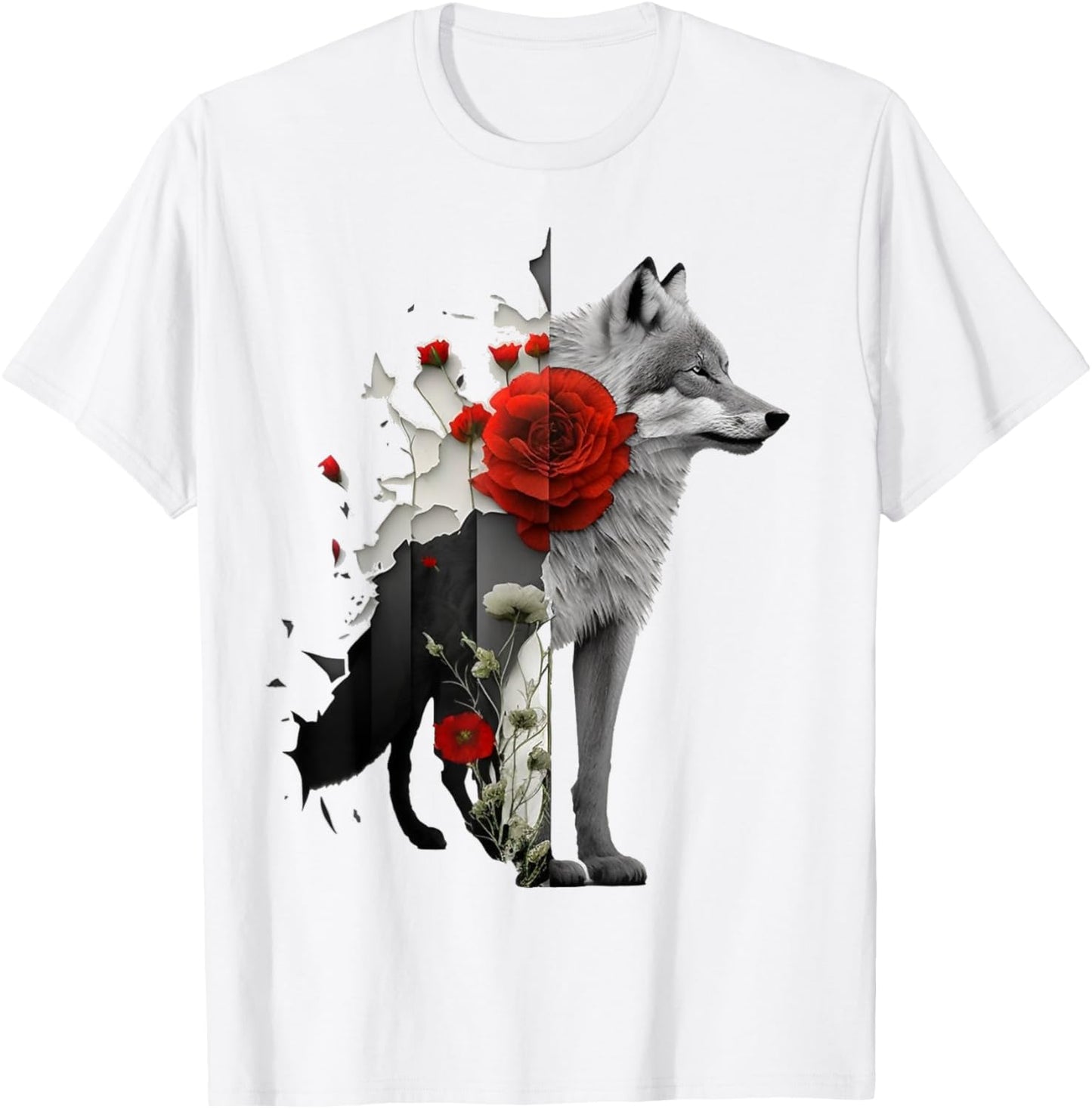 Wolf Rose Flower Animal Motif Art Animal Print Art T-Shirt - T-Shirt | White